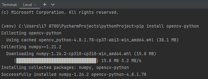 Initial Setup for opencv - pip install opencv-python