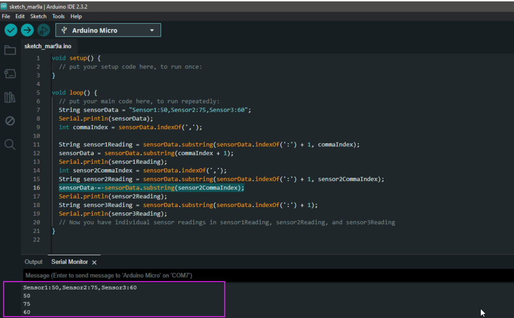 result of splitting a string in arduino - Parsing Sensor Data